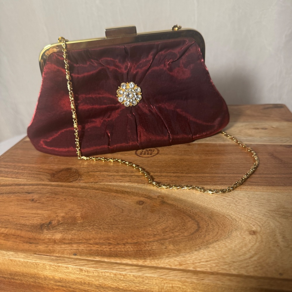 Vintage Revlon Red Wine Ruched Evening Clutch Purse Rhinestone Brooch Gold Chain